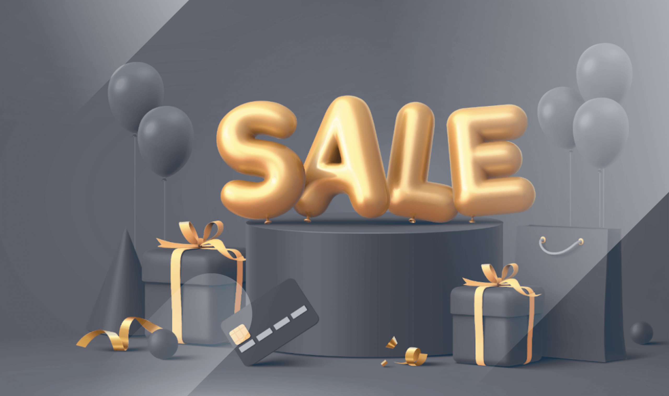 Black Friday Marketing Strategy Header with Sale Ballons, presents, credit card and shopping accessories