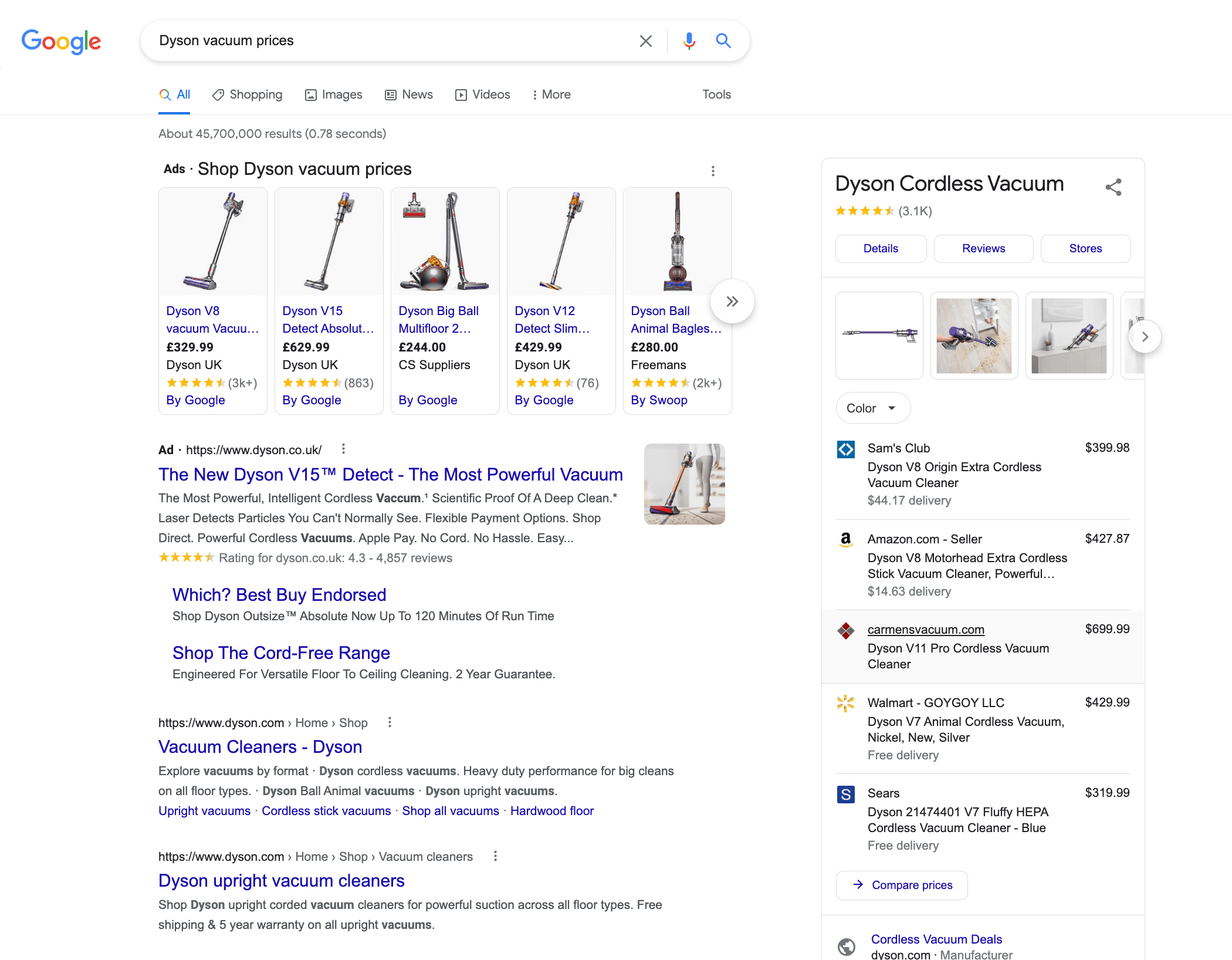 Google results page for Dyson Vacuum prices, a keyword with transactional search intent.