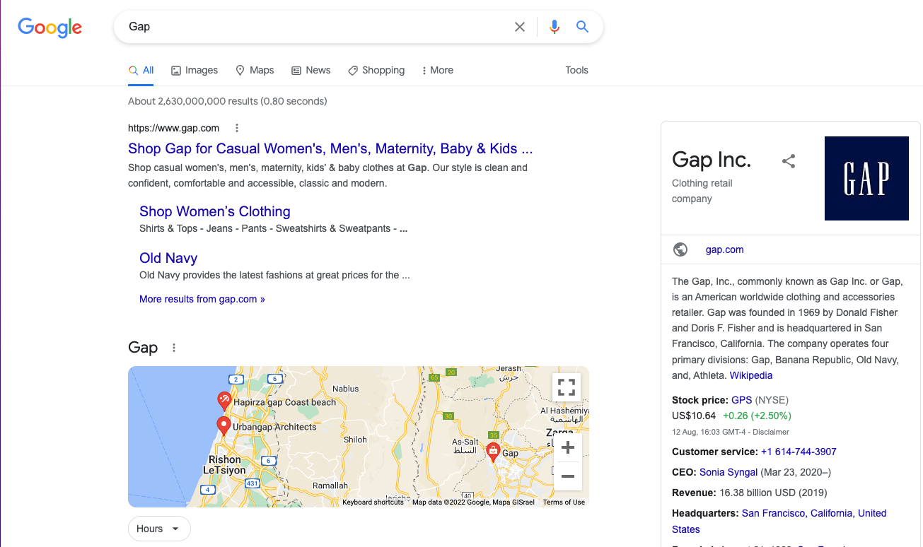 Google results for Gap, a keyword with navigational search intent.