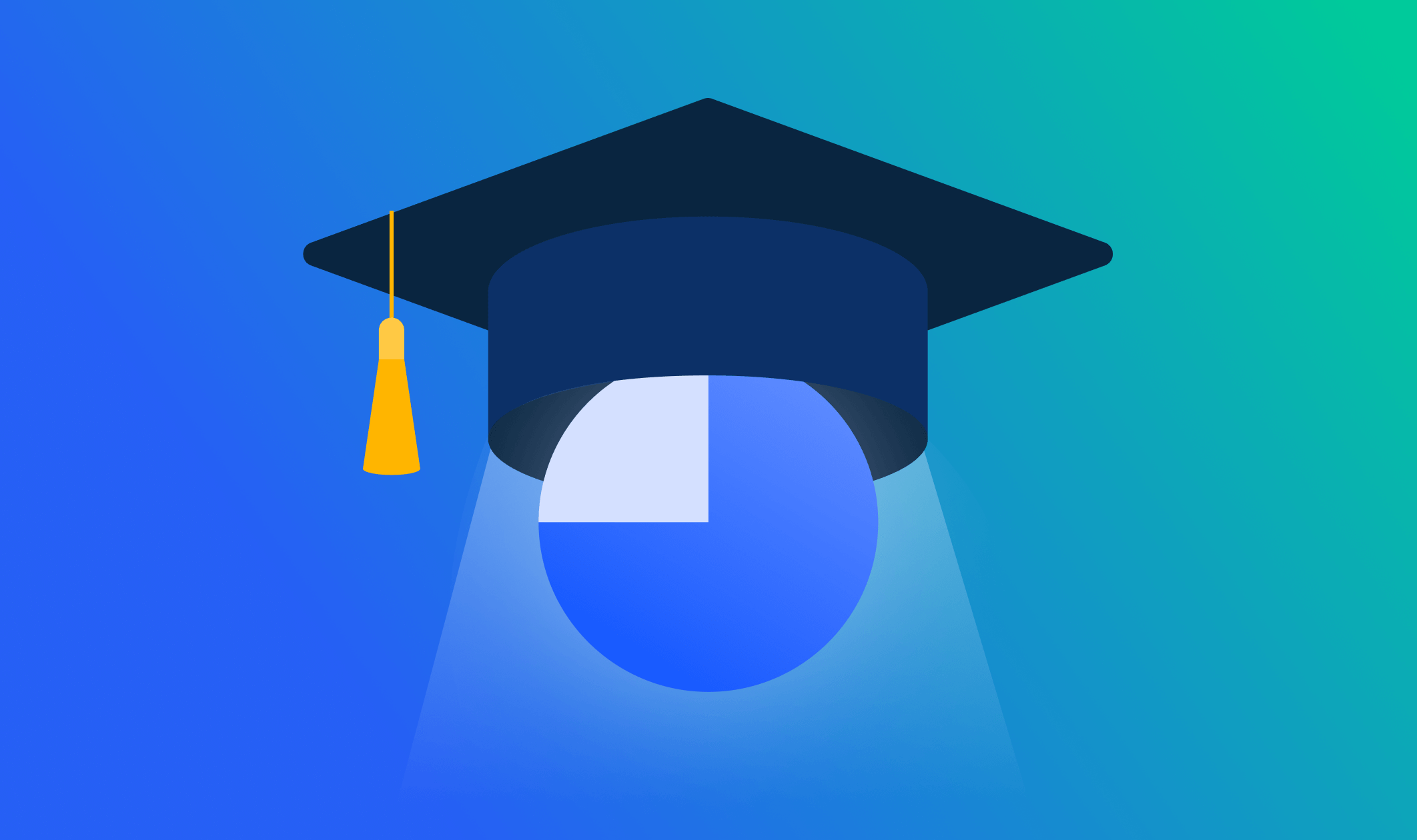 Picture of a graduation cap sitting on top of a pie chart with a blue green background.