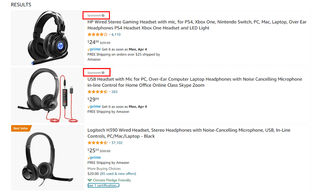 Beispiele für Amazon-Anzeigen, die als "gesponsert" gekennzeichnet sind, und die Vorteile.