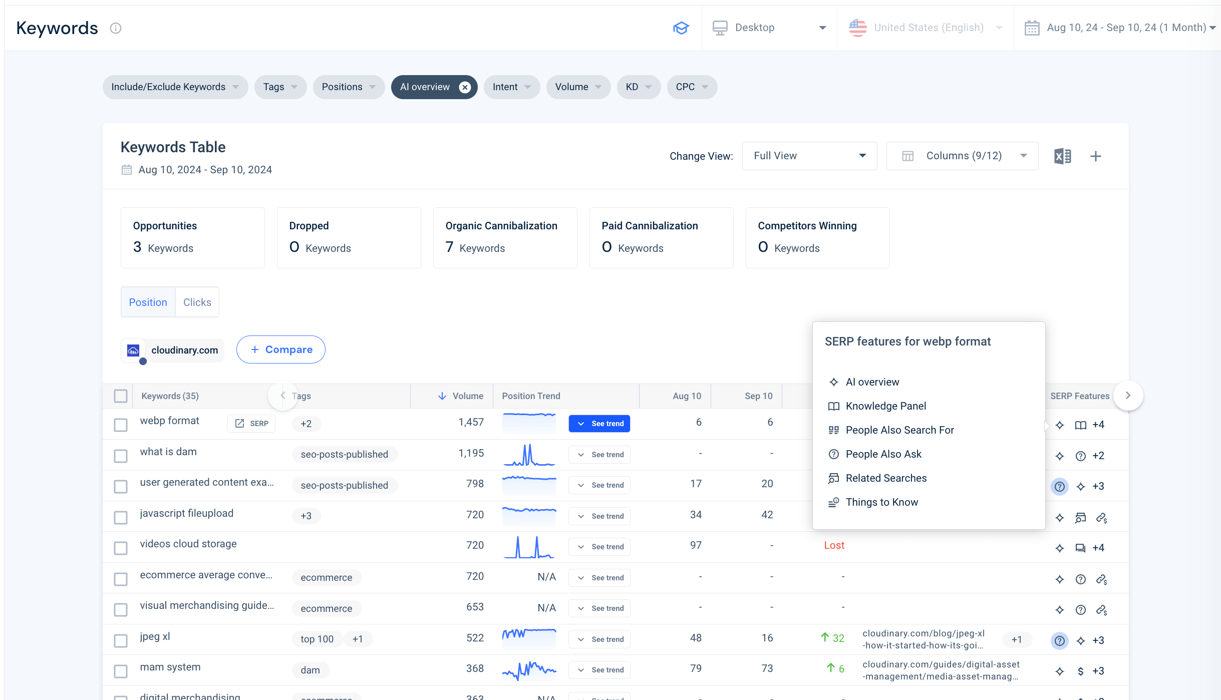 A screenshot from Similarweb's platform showing how to analyze Google's AI Overviews.