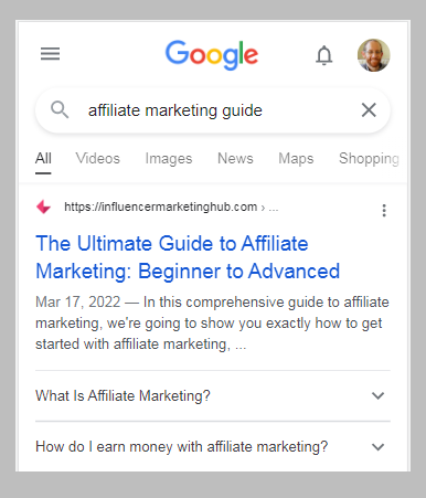 A pillar page URL in Google Search
